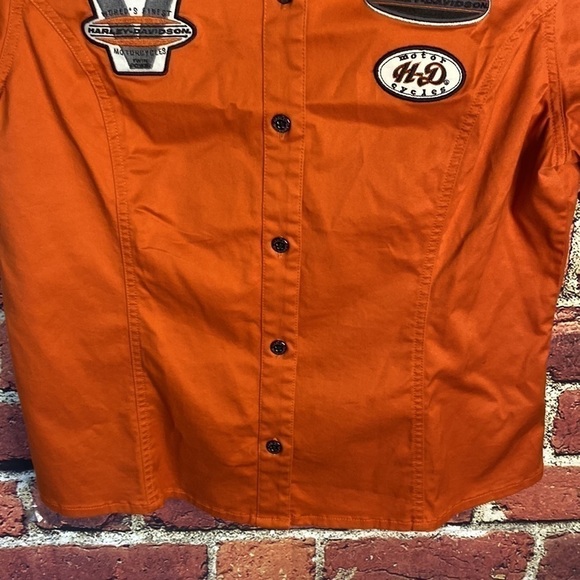 Harley Davidson Orange Women’s Short Sleeve Button Up Shirt with Logos Size M/L - Picture 14 of 15